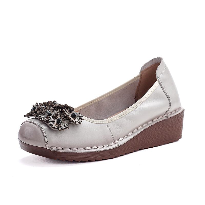 Fashion Handmade Vintage Wedged Shoes for Mature Ladies Genuine Leather Ballet Flats Woman Slip On Easy Fit Shoes Elderly Woman Moccasin
