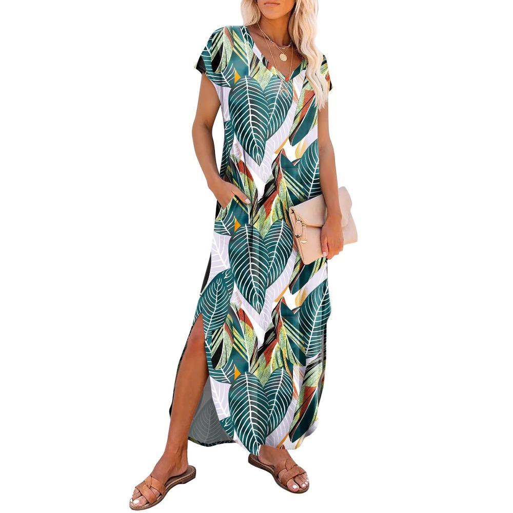 Women s V Neck Printed Maxi Dress Short Sleeve Casual Loose Beach Dress with Pockets S