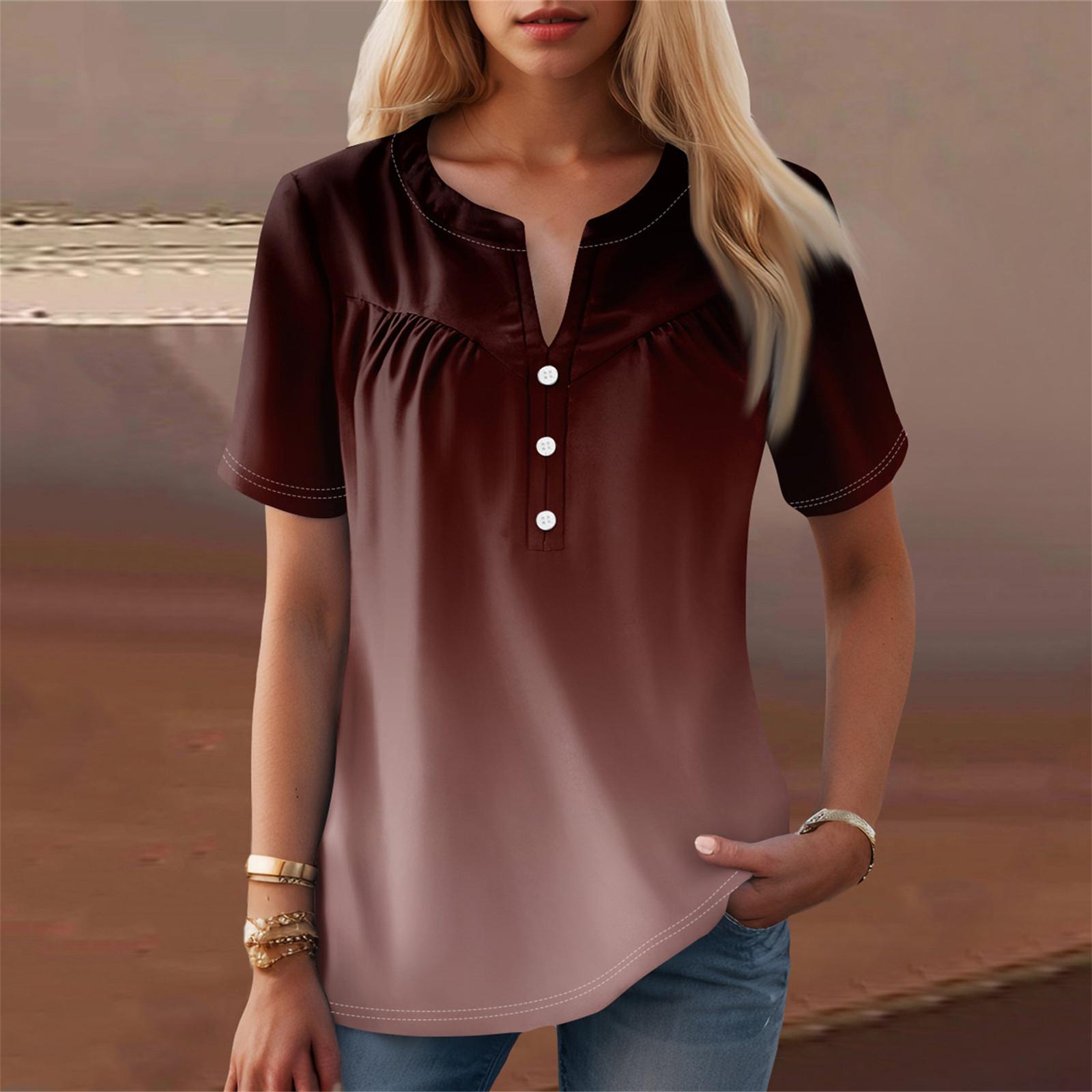 

Женская повседневная футболка с v-образным вырезом и коротким рукавом с цветочным принтом и декоративными пуговицами, топ L кофейный