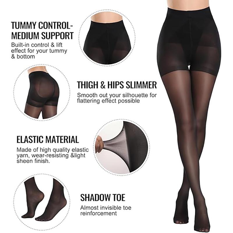 Kave 2 Pairs Black Sheer Tights Women'S Pantyhose Tummy Control Support Stockings 40 Denier Run Resistant Quality Nylons Tights