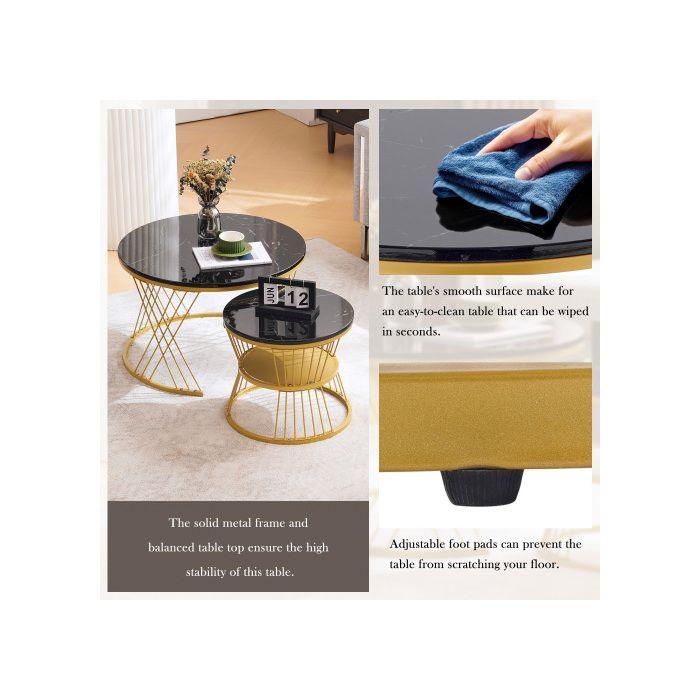 Lot de 2 tables basses brillantes, tables rondes gigognes côté canapé, finition marbre, lot de 2, structure dorée