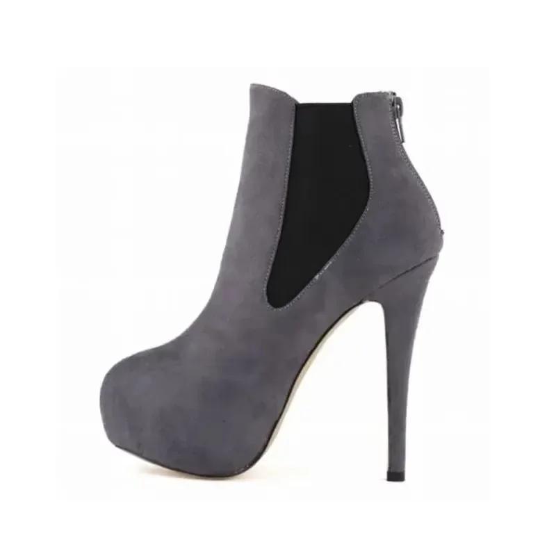 Women Ankle Boots Winter Autumn Sexy 14cm Round Toes High Heels Short Boot Sexy Platform Zippers Black Party Shoes Large Size 43