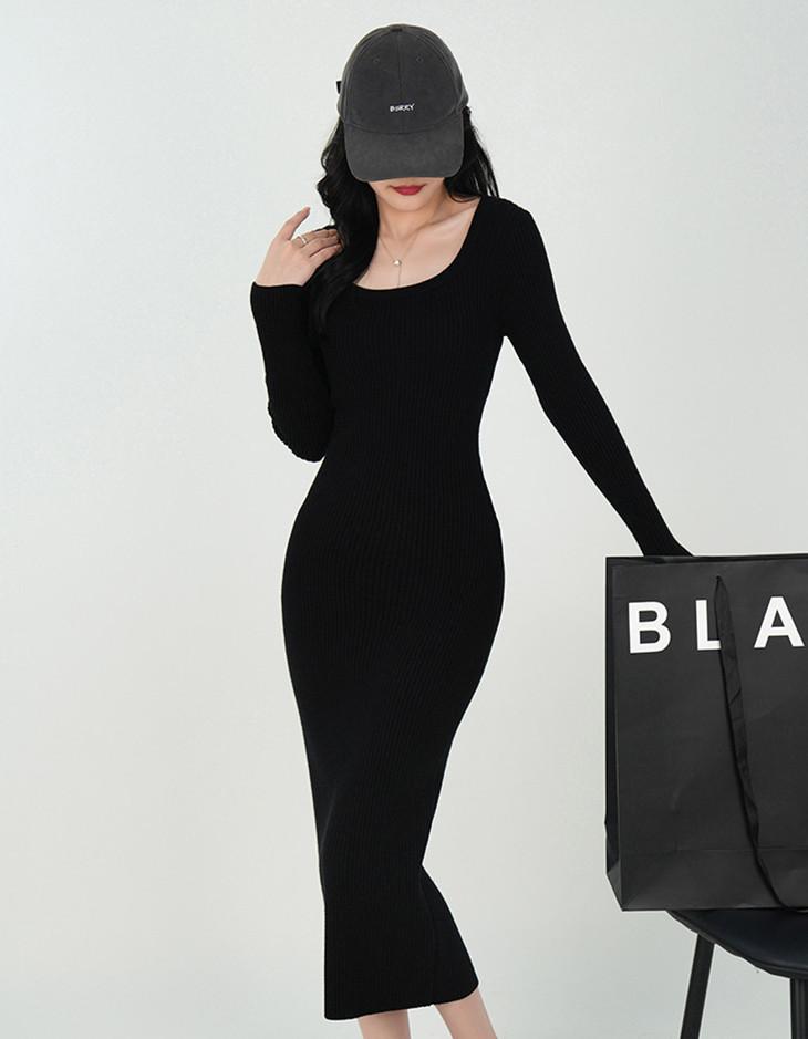 Temperament Elegant Style Knitted Dress Autumn and Winter U-neck Long-sleeved Slim-fitting Long Knee-bottom Sweater Skirt Women