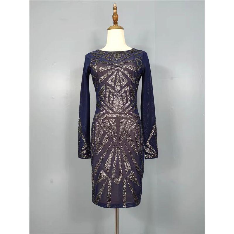 

Foreign Trade Order Li s Ultra-High Texture Sequins Shiny Mesh Perspective Design Long sleeve Commuter Ol Hip Skirt Dress Blue paragraph B XL(14)