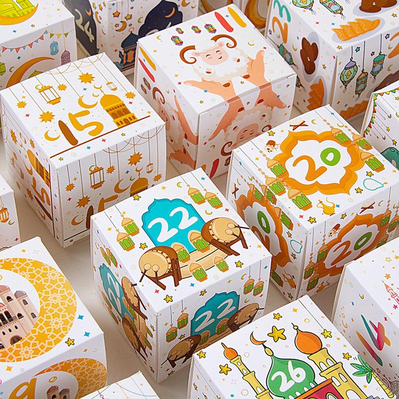 30Pcs Eid Mubarak Candy Gift Box Ramadan Kareem Advent Calendar Decoration Paper Candy Boxes Muslim Islamic Home Party Supplies