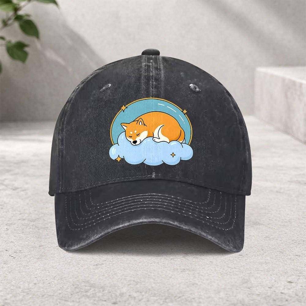 Sleeping Shiba Inu Cloud Graphic Washed Denim Baseball Cap Unisex Adjustable Outdoor Sun Hat