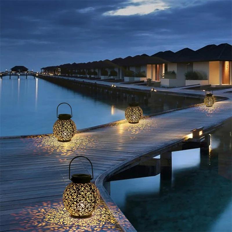 Solar Led Lantern Light Outdoor Hanging Projection Light With Hollow Wrought Iron Design Waterproof Yard For Garden Art Decoration