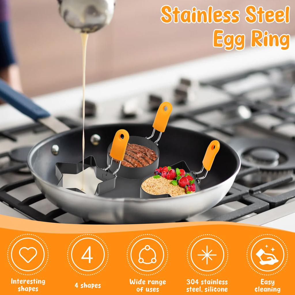 Stainless Steel Egg Ring Set Non Stick Sandwich Egg Mold With Silicone Handle for Breakfast Muffin Pancake Dishwasher Safe