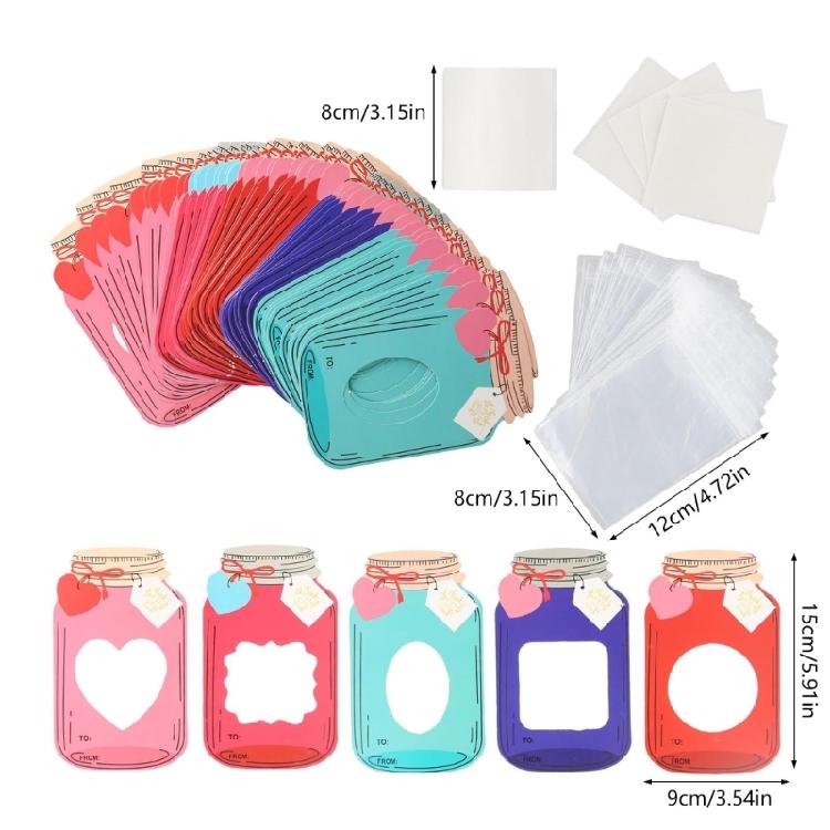 50pcs Valentines Card for Kids for School Kids Child Colorful Jar Candy Pouches