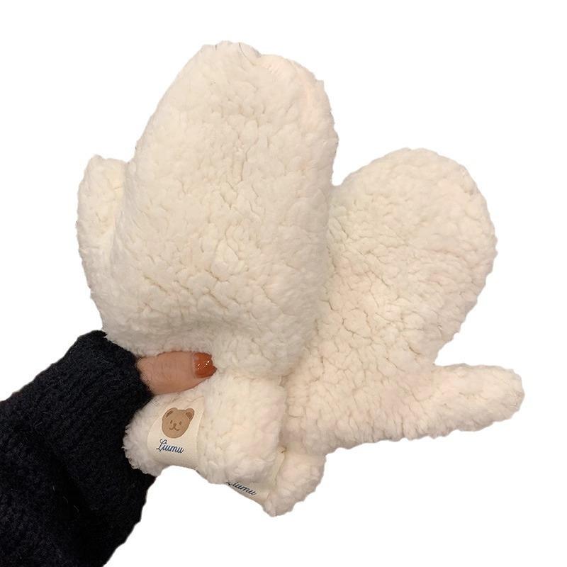 Winter Riding Plus Velvet Thickened Warm and Cold-proof Lamb Velvet Bear Label Cute Gloves for Women Halter Neck Student Gloves