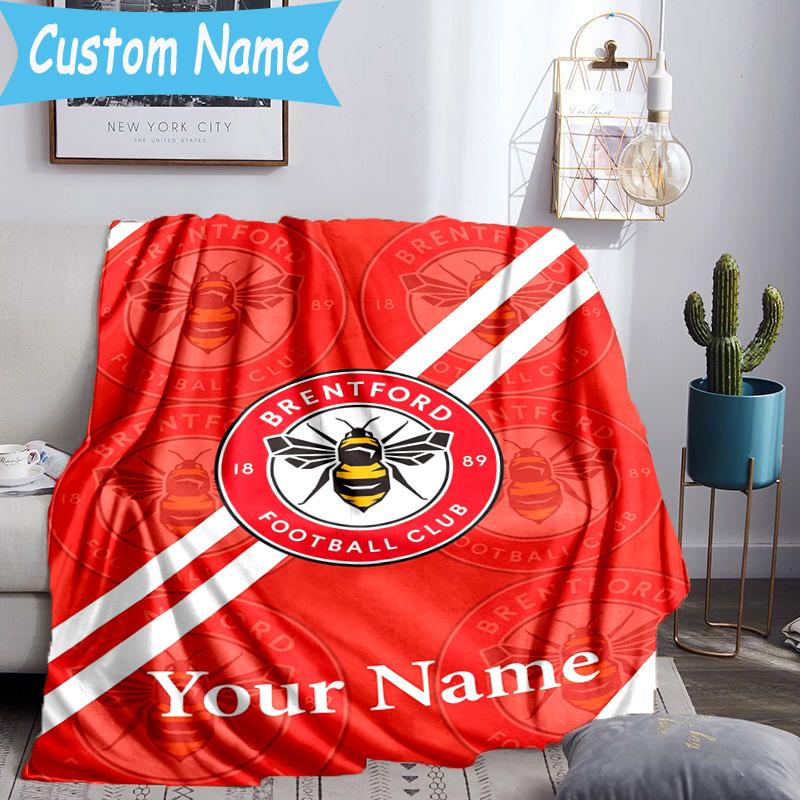 Custom Name Brentford Football Club Crest Flannel Blanket, Use for Birthday/Holiday Gift, Soft Blanket for Sofa/Bed/Camping/Office, Home Decor
