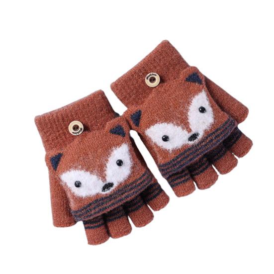 

1 Pair 6-10 Years Boys Girls Gloves Cartoon Fox Half Finger Winter Animal Pattern Stretchy Gloves for School Fox Pattern кофейный