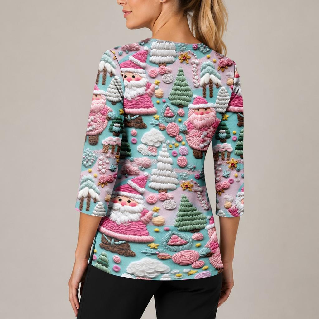 Women's Christmas Print V-Neck Work -Quarter Sleeve Caregiver Uniform Scrub Tunic
