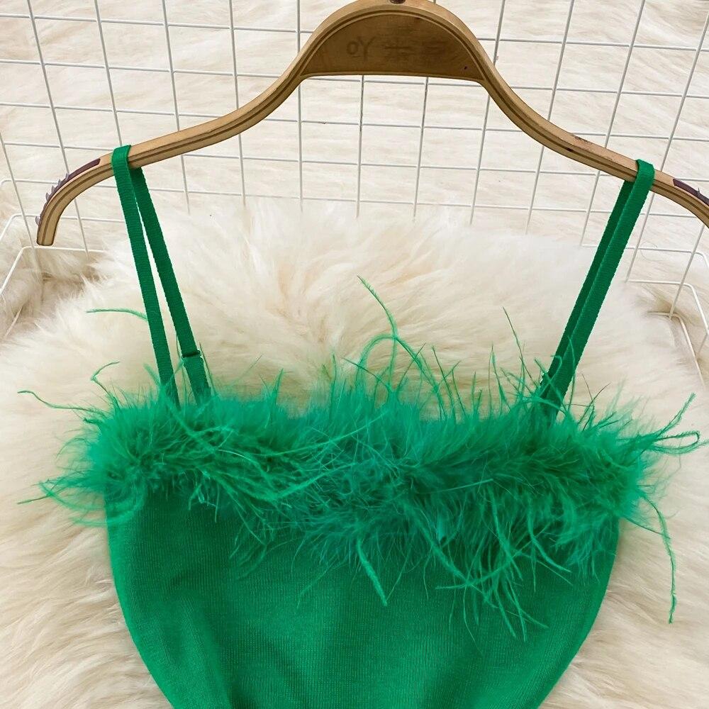RUGOD France Sexy Knitted Club Dress Women Sleeveless Split Sundress Vintage Short Dress Feathers Montage Green Slim Dress