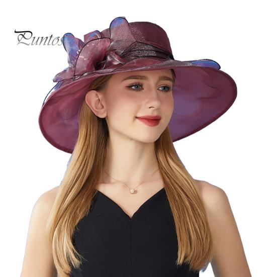 Chapeau de soleil à large bord en organza avec fleurs et plumes, protection UV, matériau translucide, pour femme