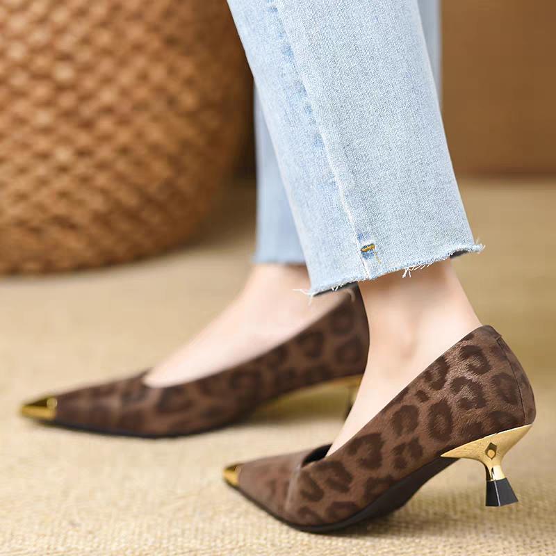 Stiletto Single Shoes Autumn New Metal Pointed Toe Shallow Mouth Leopard Print Slip Anti-slip Wear-resistant Kitten Heels