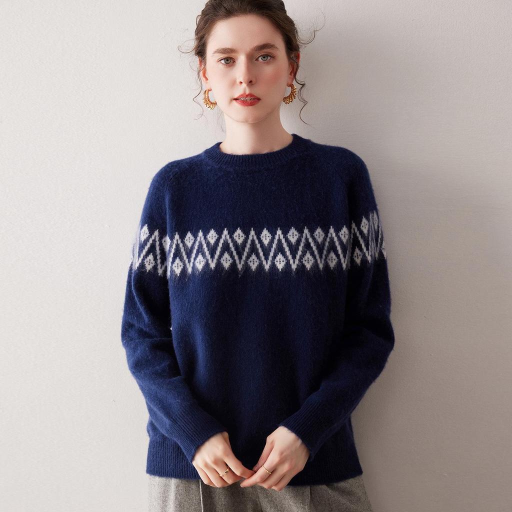 2025 Autumn/Winter Women's Thickened Cashmere Jacquard Slim Fit Knitwear Long Sleeve Round Neck Sweater