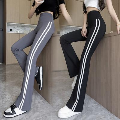 Damen-Sommer-Slim-Fit-Leggings mit hoher Taille, schmale Passform, seitlich weiß gestreift, Damenhose, Frauen, die Micro-Flared-Hosen tragen, Barbie-Hosen