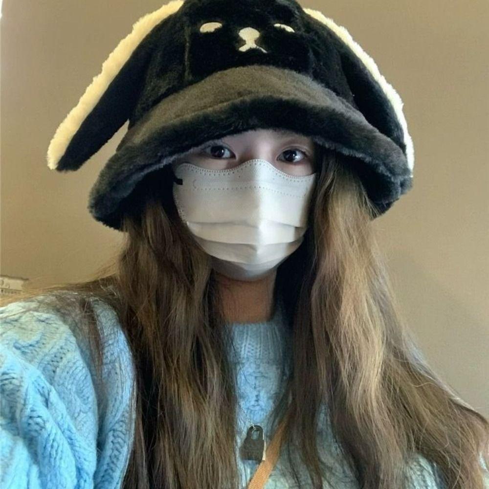 Warm Oversized Puppy Hat Korean Women Plush Hats Trendy Doggie Ear Bucket Hat Lady