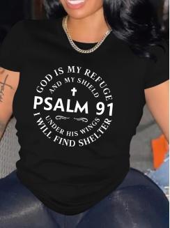 "God Is My Refuge and My Shield" Print Casual Short Sleeve Polyester Women's Inspirational Psalm Graphic Tee