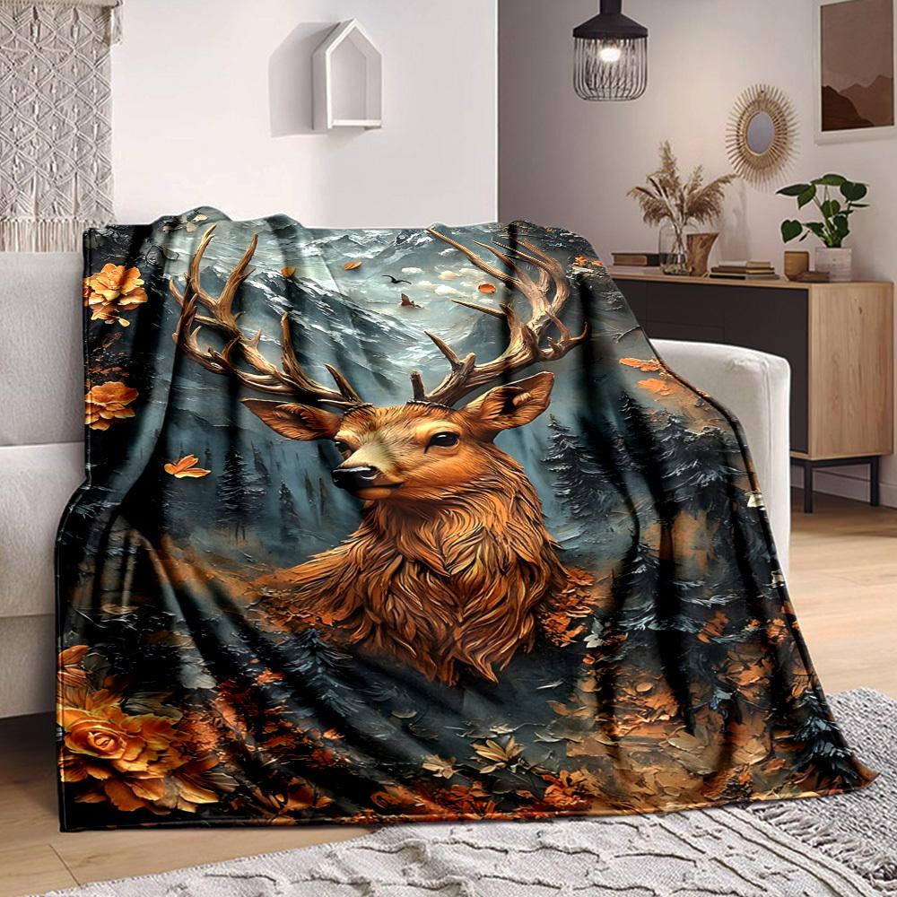 1PC Autumn Forest Deer Blanket, Throw For Sofa, Bed, Travel, Camping, Livingroom, And Bed, Printing Blanket With Soft And Warm Fabric yy250918191 100x150cm
