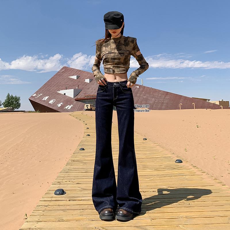 

Light Blue Fleece-Lined Low-Rise Micro-Flare Jeans for Autumn/Winter, in the Same Style as Black Cow Flare Pants S