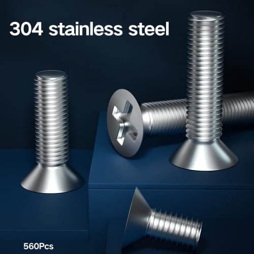 Zmbroll 560pcs Flat Head M2.5 Machine Screws, 304 Stainless Steel, Full Thread, Fasteners, Bolts, Nuts, Assorted Kit, M2.5x4/5/6/8/10/12/14/16/18mm