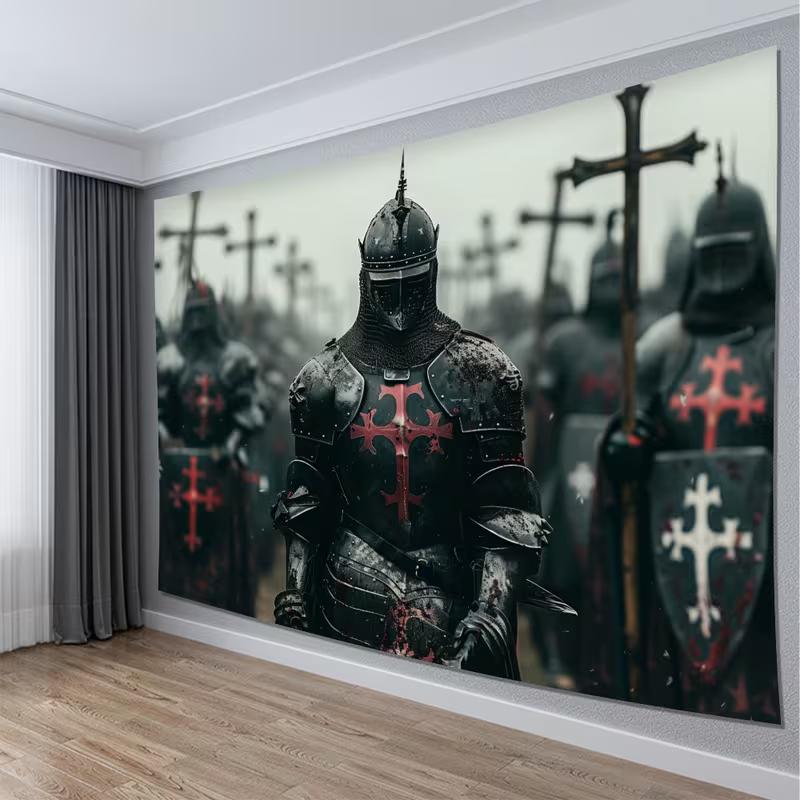 2D Medieval Knight Tapestry, Gothic Templar Warrior Wall Art for Home Decor