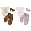 Baby Girls Summer Outfits Short Sleeve Letter Print Romper with Leopard Pattern Belted Pants and Headband
