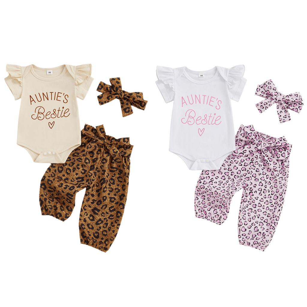 Baby Girls Summer Outfits Short Sleeve Letter Print Romper with Leopard Pattern Belted Pants and Headband