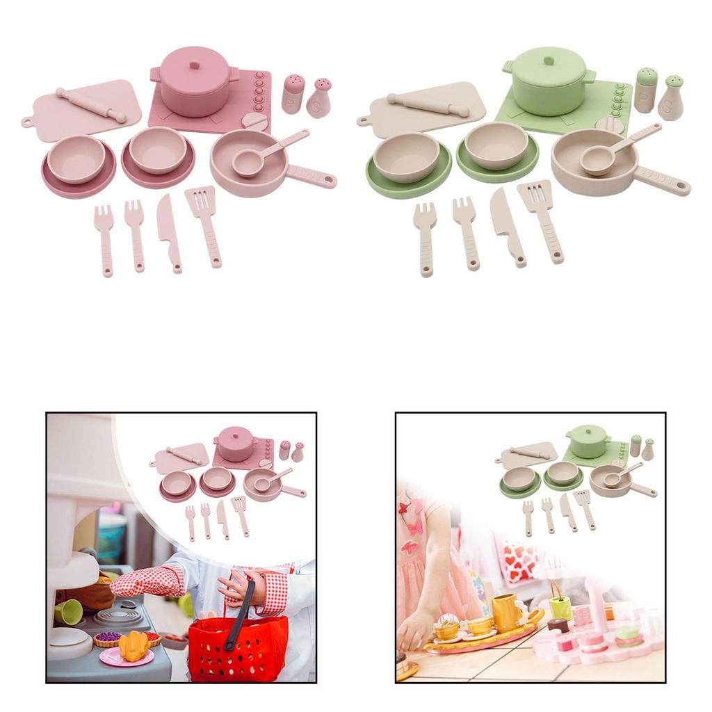 14 Pieces Kitchen Toys Children Cooking Toys Pot and Pan Silicone Playset Children Kitchen Accessories for Kids Boys Girls