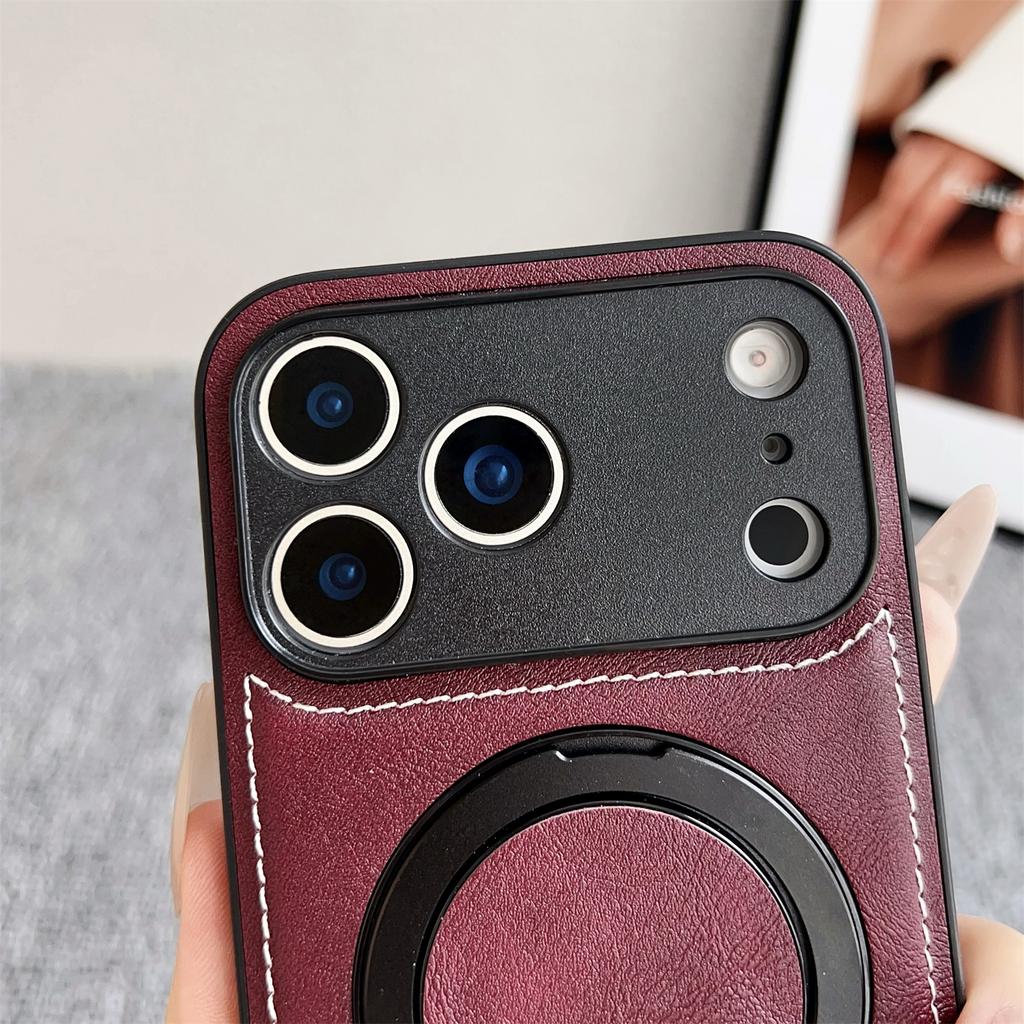 For iPhone 17 Pro Max Magnetic Case Calf Texture PU+TPU+PC Kickstand Phone Cover