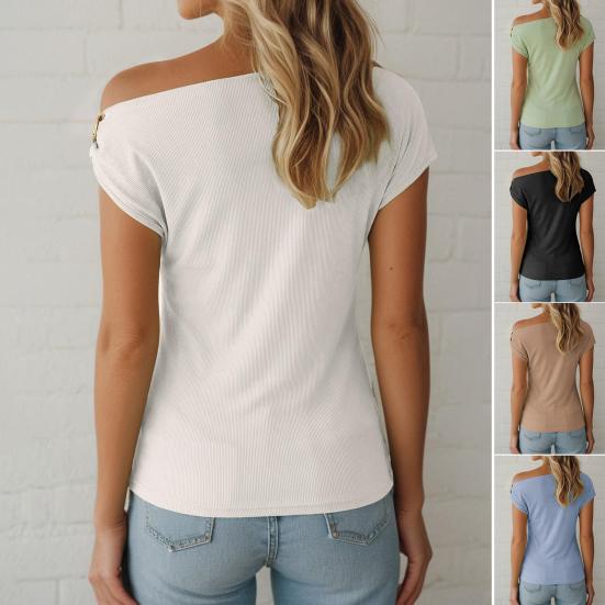 Damskie Topy Asymetryczny Dekolt Metalowa Klamra Krótki Rękaw Pulower Dopasowany Asymetryczny Opuszczony Ramię Koszulka z Złotym Metalowym Pierścieniem