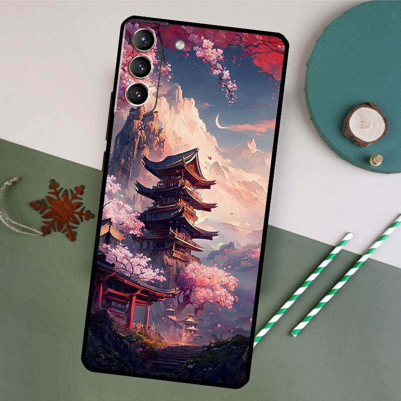 Japanese Art Temple Sakura Case For Samsung Galaxy S23 Ultra S8 S9 S10 S22 Plus Note 10 20 Ultra S20 FE S21 FE Cover