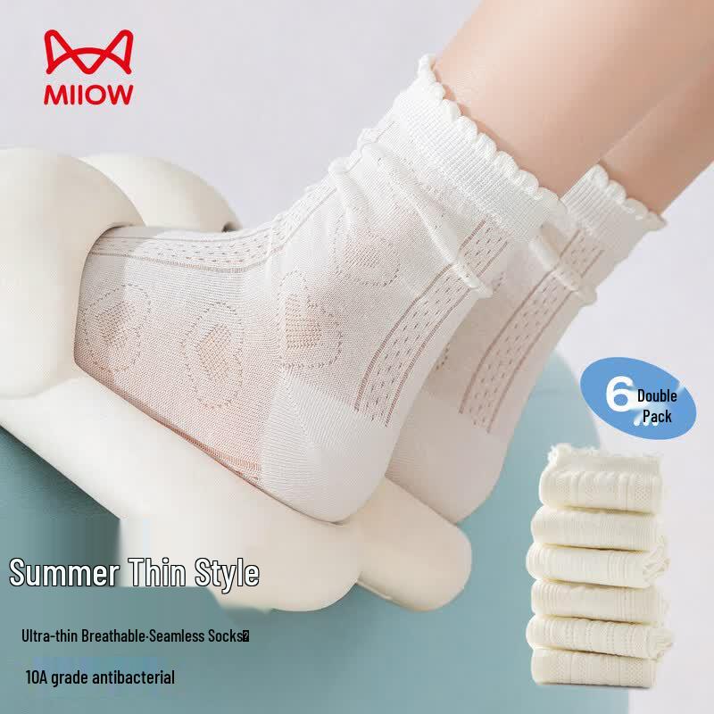 Mao Ren Women s White Boneless Cool Mesh Mid-Calf Socks - 6 Pairs One Size