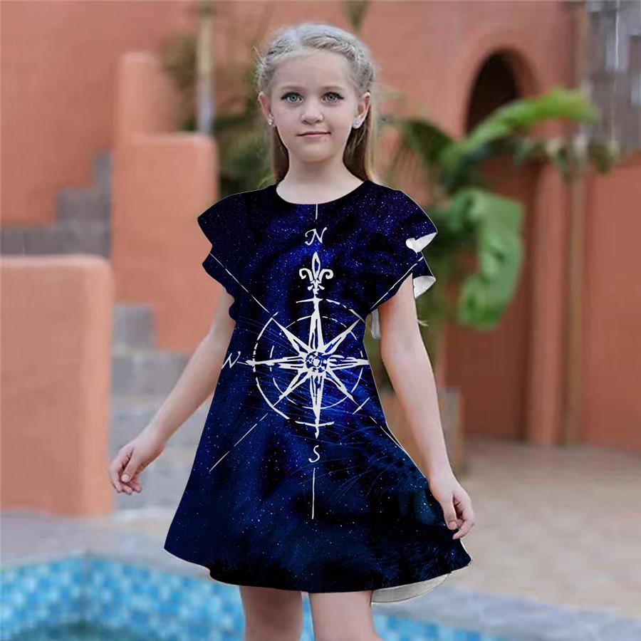 Robes Bleues à Imprimé Pentagramme pour Filles Robe de Fête pour Enfants Fille Coupe Ample Coupe Ample Manches Courtes Jupe pour Filles de Plus de Quatre Ans