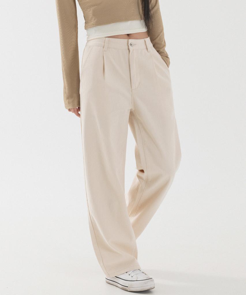 PIANER Semi-Wide One-Pleat Cotton Pants (Cream)