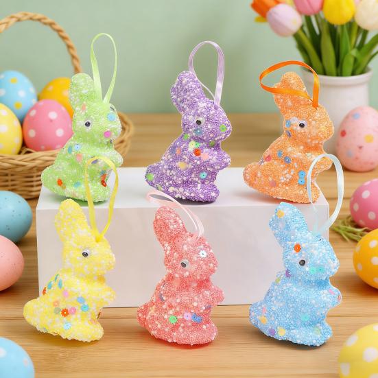 6Pcs Easter Foam Bunny Decorations Colorful Glitter Bunny And Egg Shapes Simple Hanging Wall Art for Party Spring Crafts Kindergarten And Home Decor