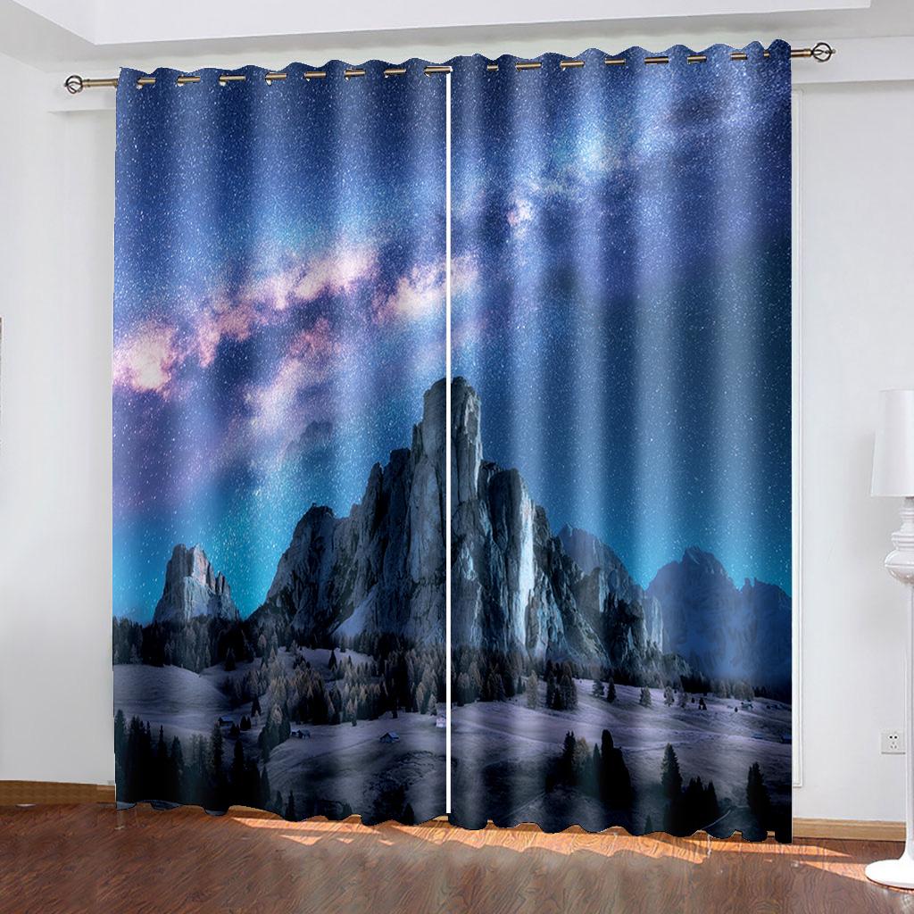 Evening Sea Island Iceberg City Landscape Curtain, Home Bedroom Living Room Shade Curtain, a Set of Two Pieces