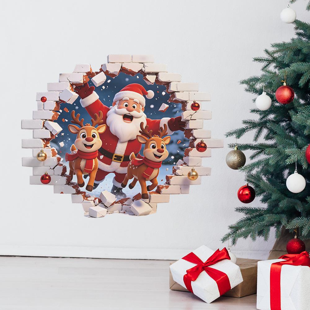3D Wall Breaking Santa Claus Reindeer Wall Sticker Self Adhesive Living Room Bedroom Entryway Decor