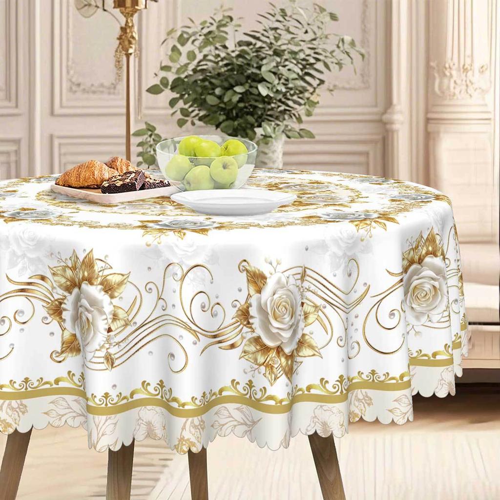 European Gold Rose Round Tablecloth, Waterproof Leave-In Polyester Dining Table Coffee Table Decorative Cloth, Rectangular Dining Table Cloth