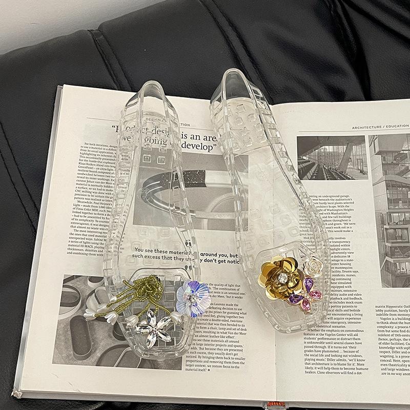 Fashion niche design grid hollow crystal sandals new summer with skirt flower transparent hole shoes