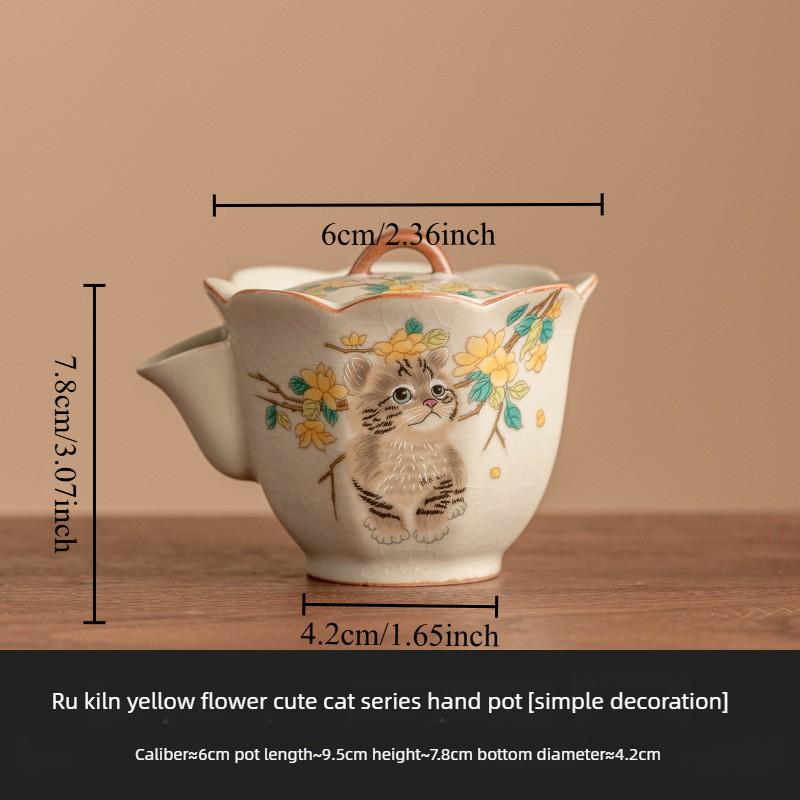 Hand Drawn Yellow Flower Cute Cat Ru Kiln Teapot Chinese High-end Kung Fu Tea Set Tea Making for Home Use Hand-held Teapot