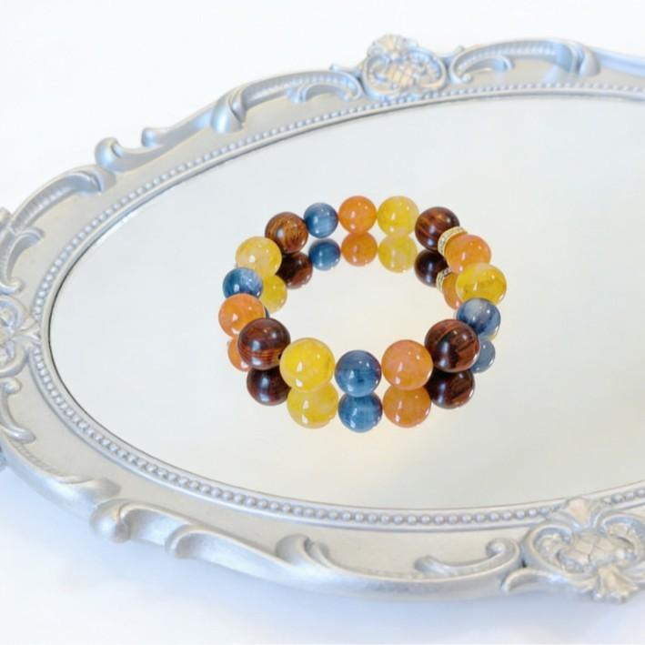 Natural Crystal Original Design Bracelet with Yellow Rutilated Quartz, Brazilian Blue Crystal, and Yellow Rosewood for Wealth and Fortune, High-End
