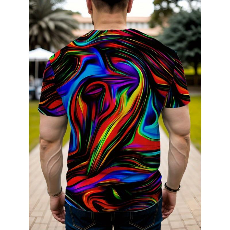 Men's Vibrant 3D Abstract Swirl T-Shirt - Colorful Artistic Pattern, Casual Polyester Knit