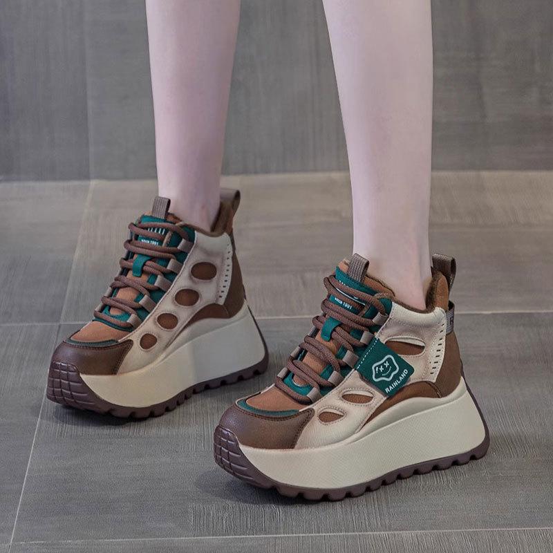 High-top Casual Sports Shoes for Women's Autumn and Winter New Thick-soled Heightening Small Color Matching Velvet Thickened Dad Shoes