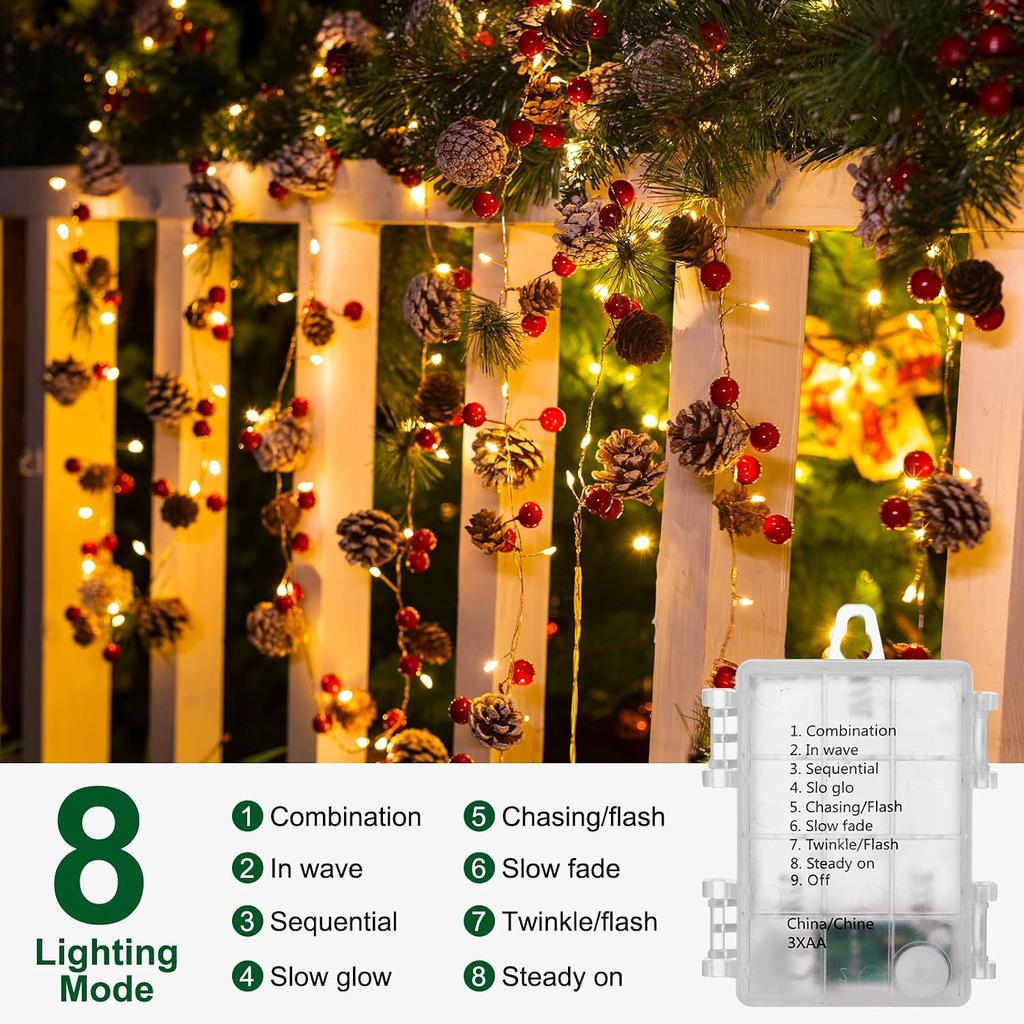 Minetom Christmas Pine Lighted Garland Decor, 9.8 Ft 60 LED with 8 Modes