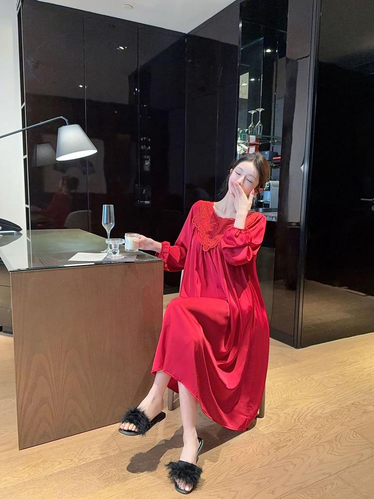 2026 French High-End Lace Cutout Long Sleeve Ice Silk Sleep Dress for Women