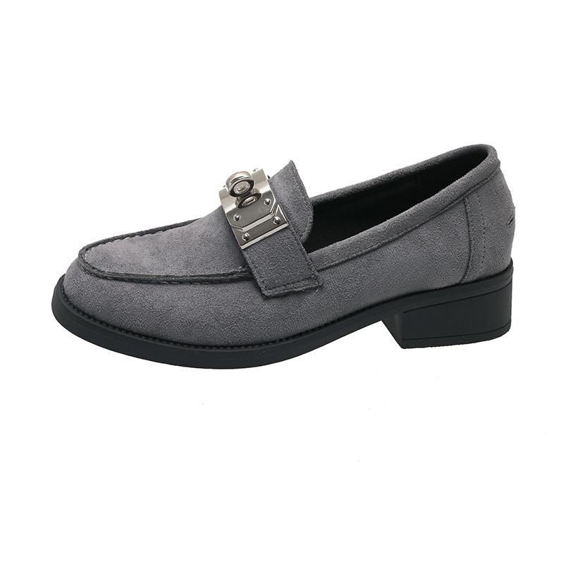 Large size one-pedal lock loafers women's 2025 British style round head suede small leather shoes high heels light and comfortable