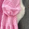 French Pink V-Neck Embroidered Ruffle Dress: Women's Autumn/Winter Waist-Cinching Long Dress